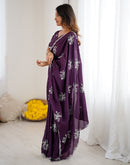 Wine Chinnon Sequence Embroidery Saree