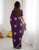 Wine Chinnon Sequence Embroidery Saree