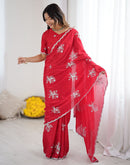 Red Chinnon Sequence Embroidery Saree