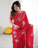 Red Chinnon Sequence Embroidery Saree