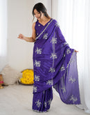 Dark Purple Chinnon Sequence Embroidery Saree