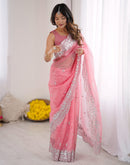 Rose Pink Net Sequence Embroidery Saree