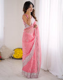 Rose Pink Net Sequence Embroidery Saree