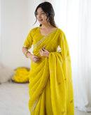 Lime Yellow Tissue Silk Sequence Embroidery Saree
