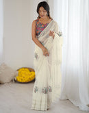 Off White Tissue Silk Sequence Embroidery Saree