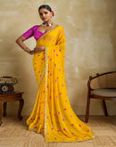 Yellow Chiffon Printed Saree