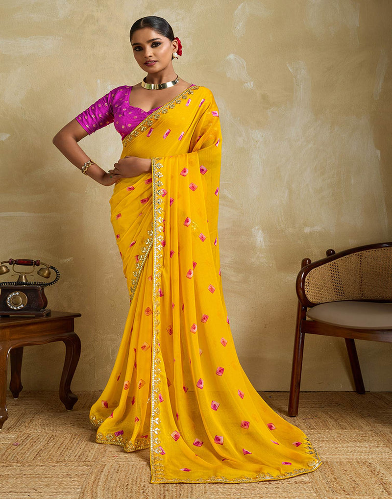 Yellow Chiffon Printed Saree