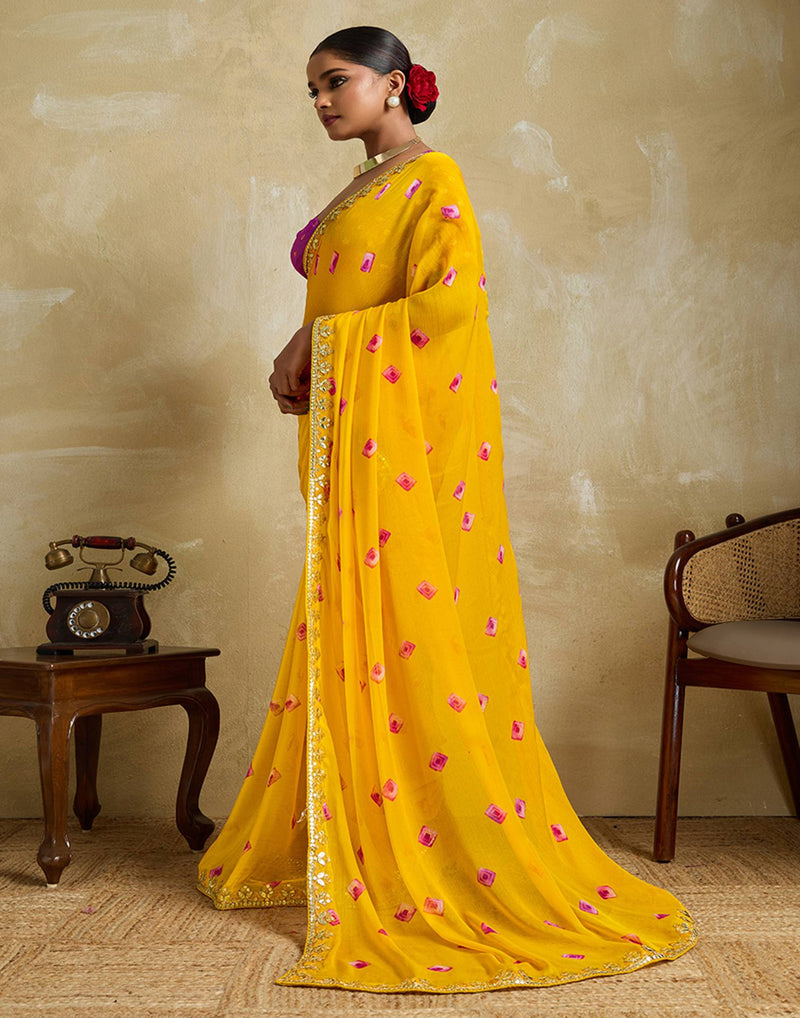 Yellow Chiffon Printed Saree