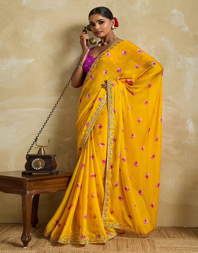 Yellow Chiffon Printed Saree