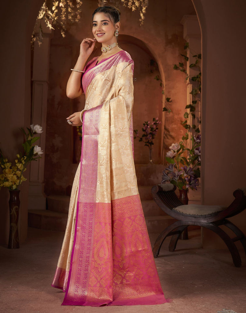 Beige Silk Woven Saree