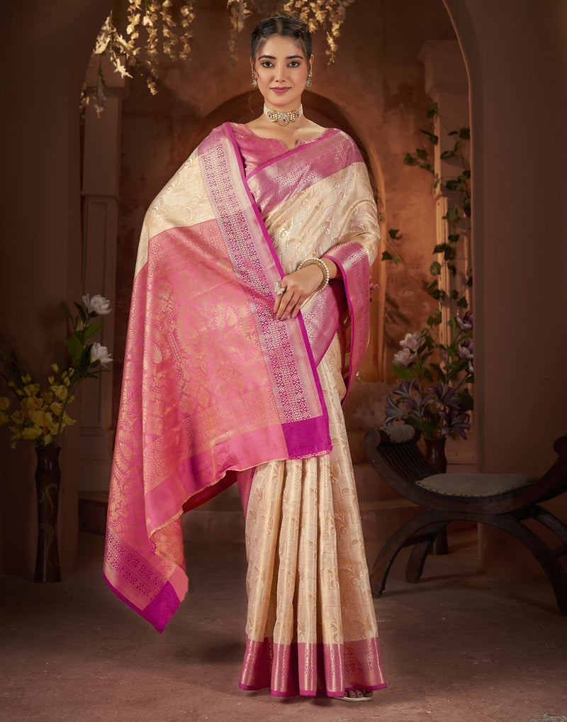 Beige Silk Woven Saree