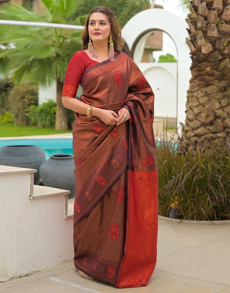 Wine Silk Woven Saree