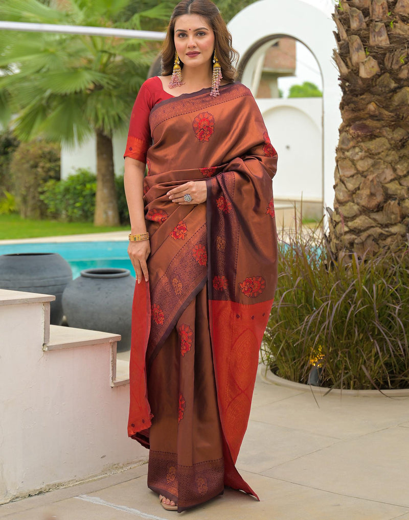 Wine Silk Woven Saree