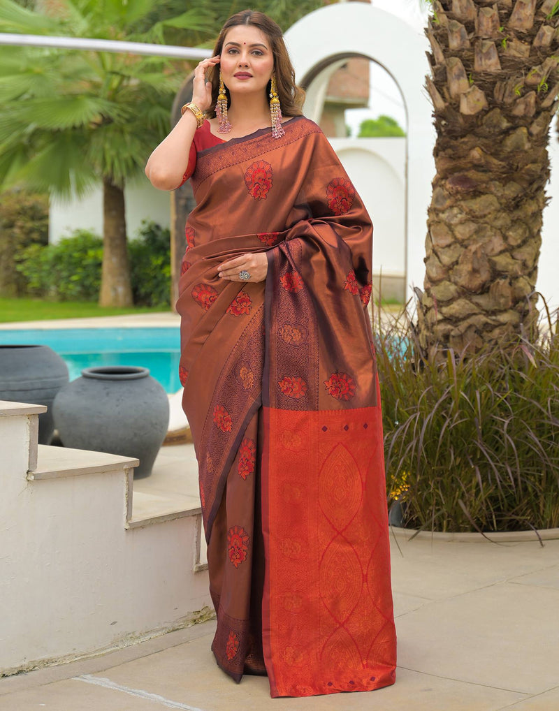 Wine Silk Woven Saree