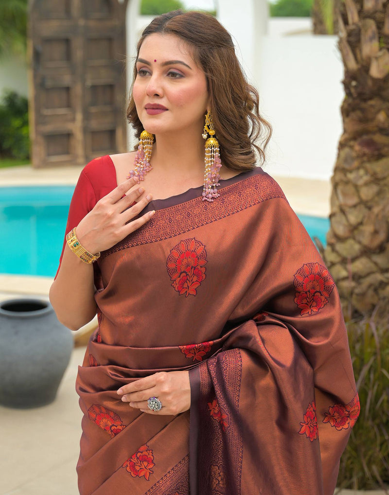Wine Silk Woven Saree