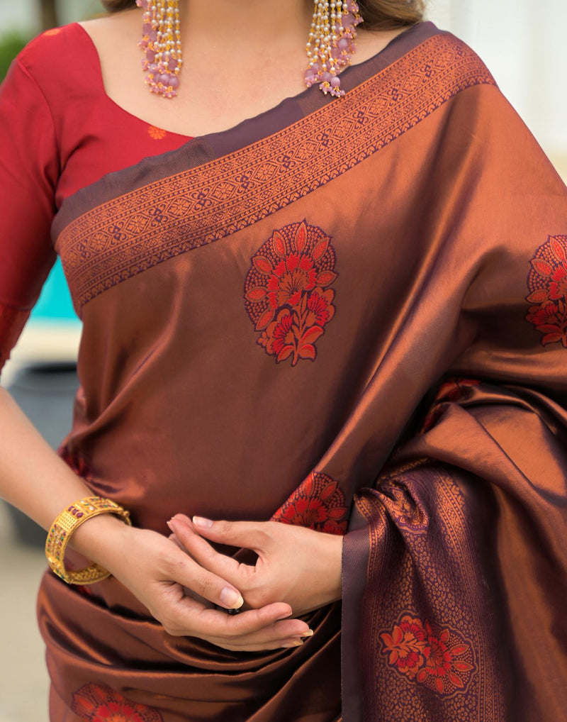 Wine Silk Woven Saree