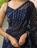 Navy Blue Georgette Printed Bandhani Saree