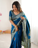 Teal Blue Silk Woven Saree