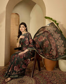 Dark Green Silk Floral Printed Saree