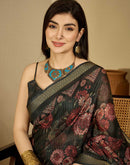 Dark Green Silk Floral Printed Saree