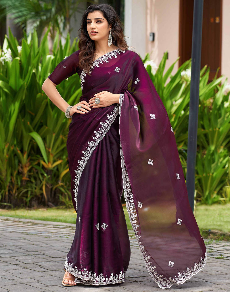 Wine Shimmer Sequence Embroidery Saree