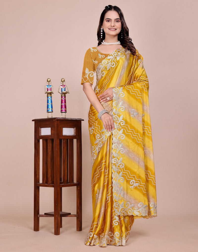 Yellow Chinnon Printed Bandhani Saree