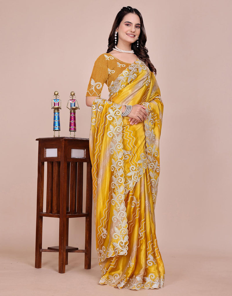 Yellow Chinnon Printed Bandhani Saree