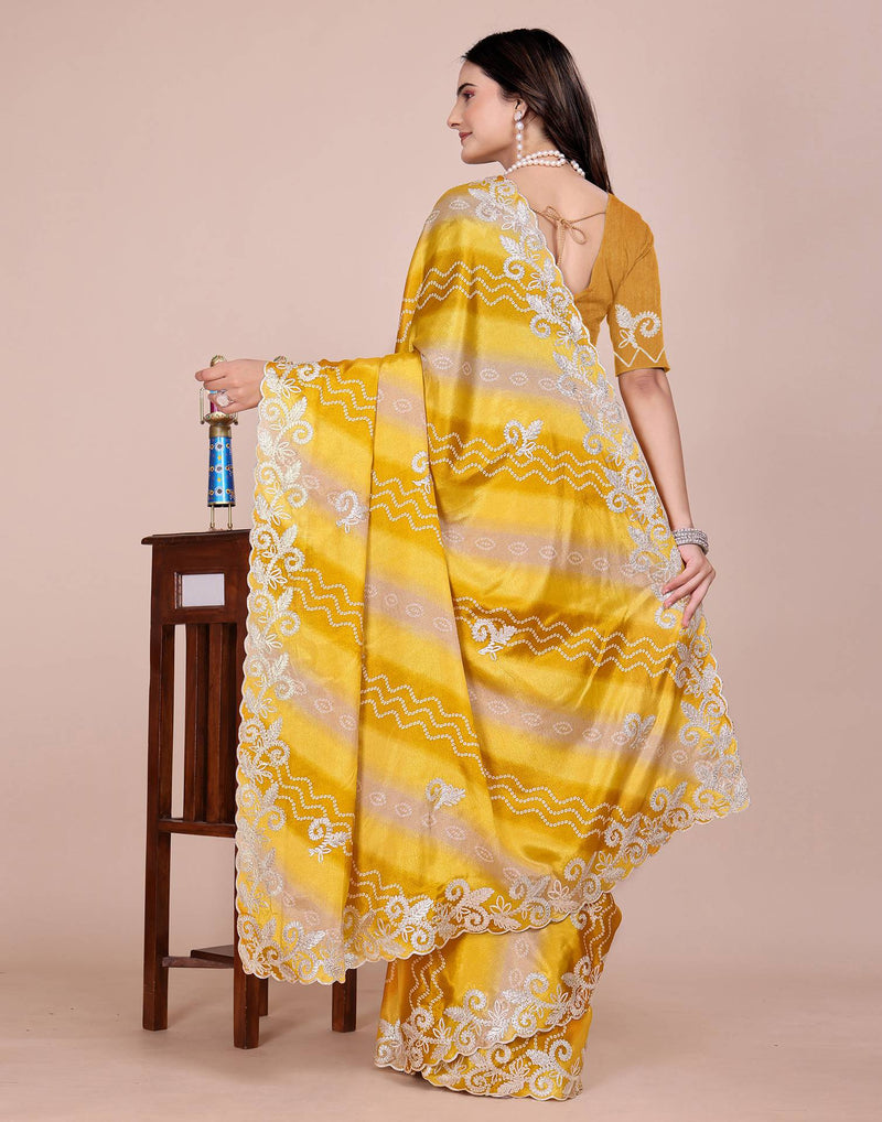 Yellow Chinnon Printed Bandhani Saree