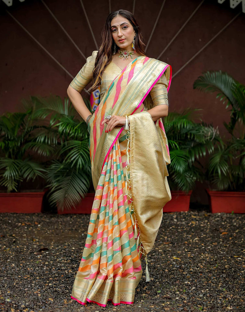 Beige Silk Woven Saree