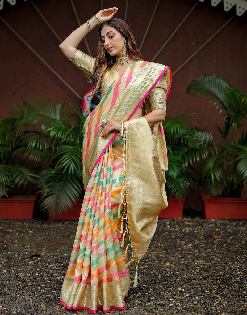 Beige Silk Woven Saree
