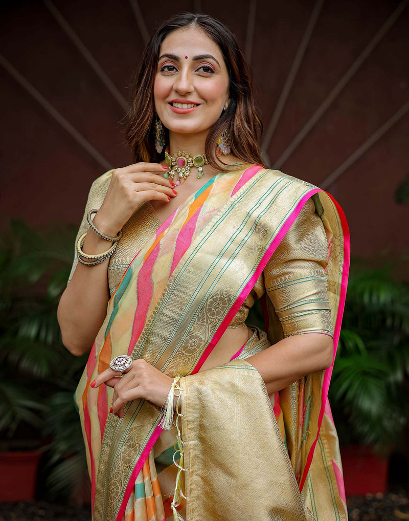 Beige Silk Woven Saree