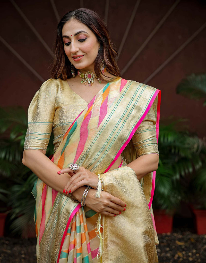 Beige Silk Woven Saree