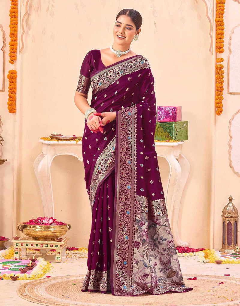 Wine Silk Woven Banarasi Saree