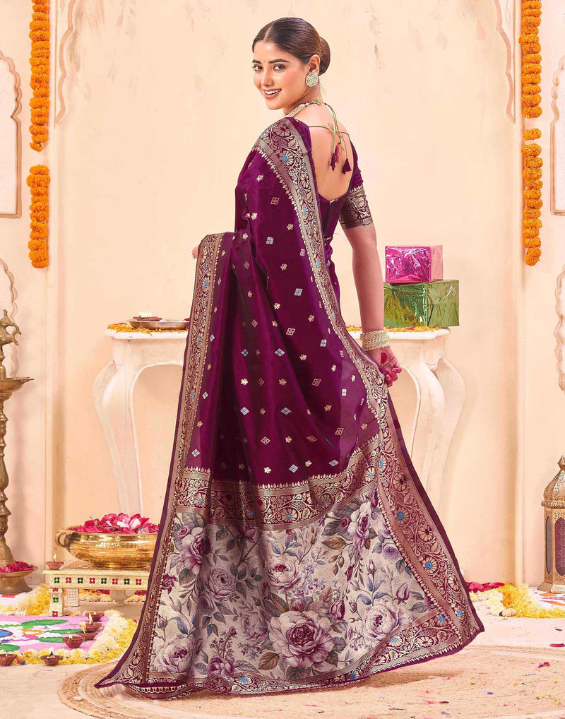 Wine Silk Woven Banarasi Saree