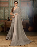 Grey Chiffon Woven Zari Stripe Saree