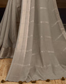 Grey Chiffon Woven Zari Stripe Saree