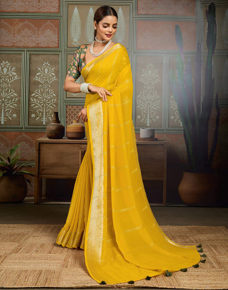 Yellow Chiffon Woven Saree