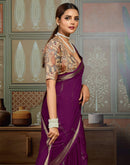 Dark Purple Chiffon Woven Zari Stripe Saree
