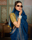 Blue Chiffon Woven Zari Stripe Saree