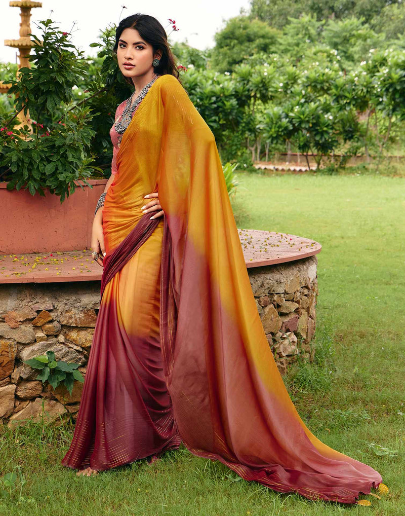 Yellow Chiffon Zari Stripe Saree