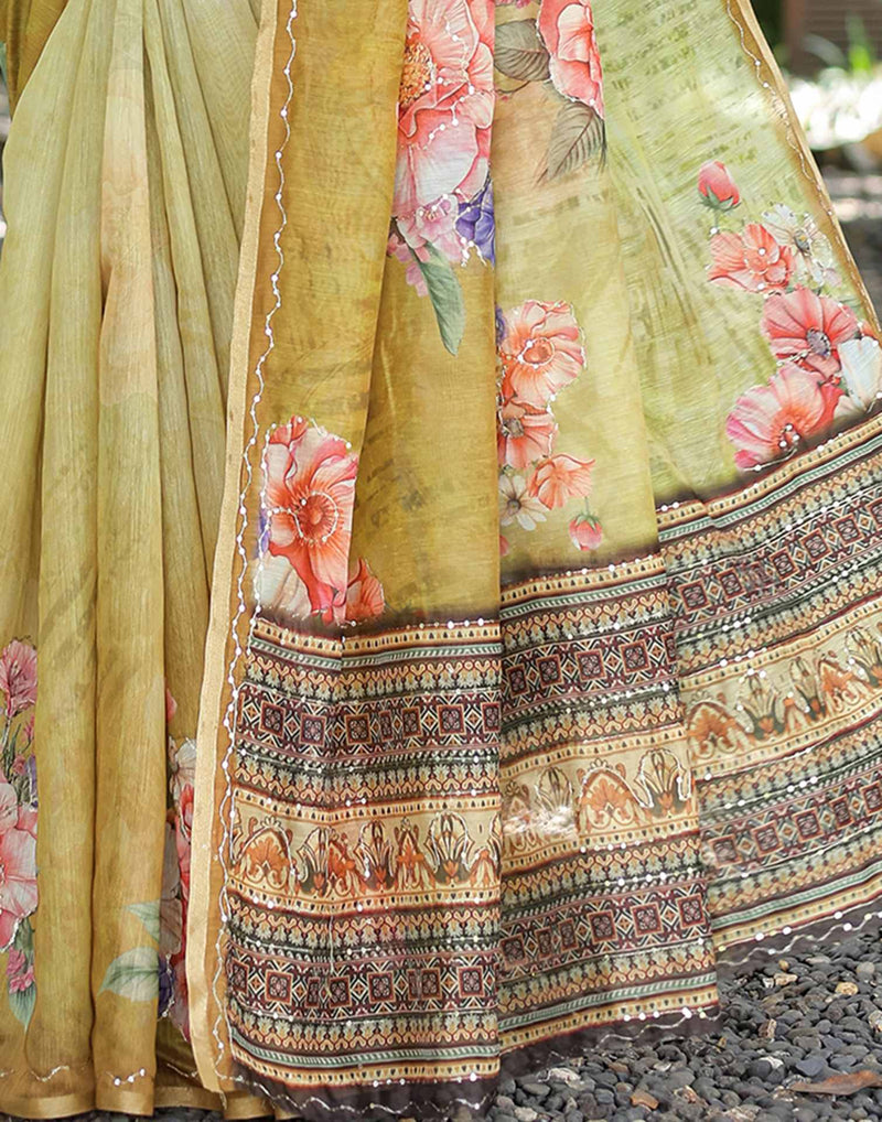 Beige  Cotton Floral Printed Saree