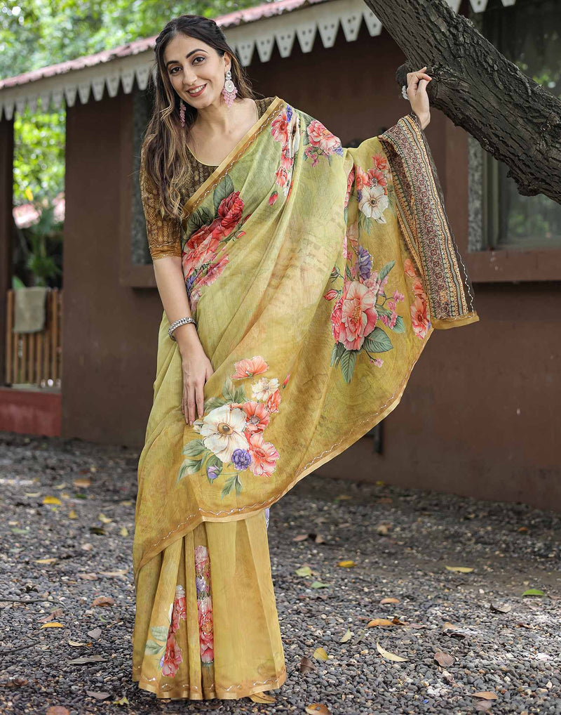 Beige  Cotton Floral Printed Saree