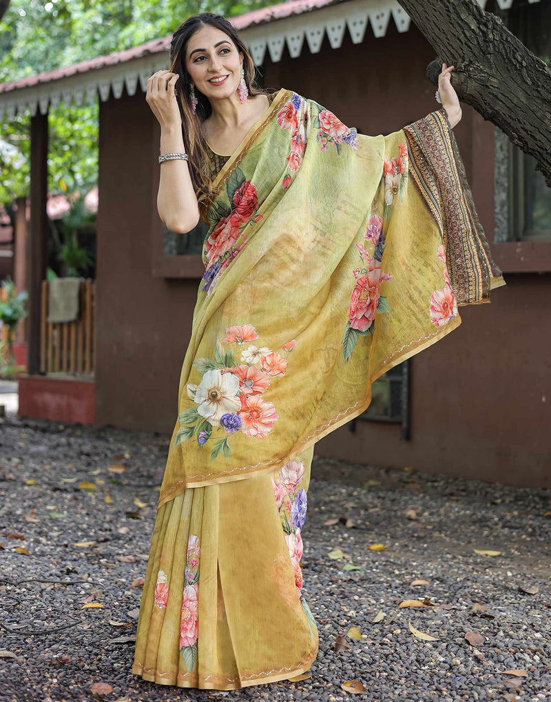 Beige  Cotton Floral Printed Saree