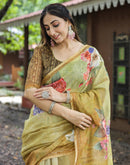 Beige  Cotton Floral Printed Saree