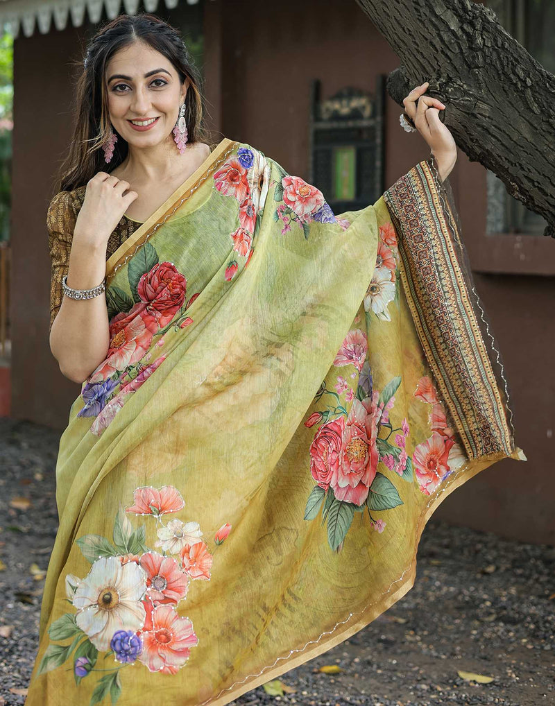 Beige  Cotton Floral Printed Saree