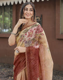 Peach Cotton Floral Printed Saree