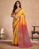 Yellow Chanderi Cotton Printed Saree