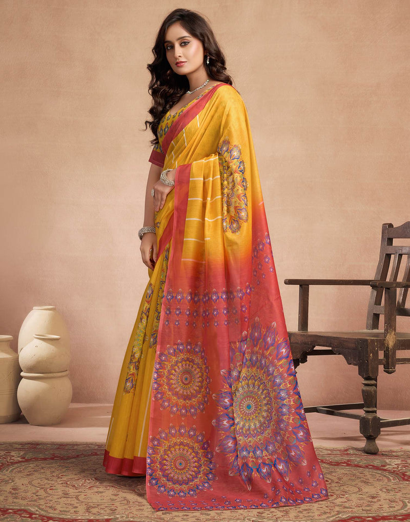 Yellow Chanderi Cotton Printed Saree