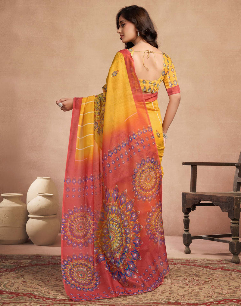 Yellow Chanderi Cotton Printed Saree