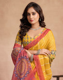 Yellow Chanderi Cotton Printed Saree